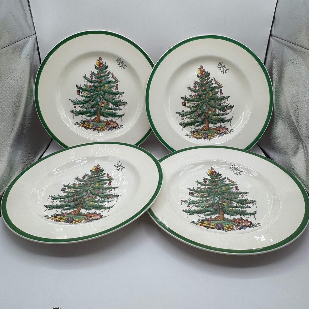 Spode Christmas Tree Dinner Plates Set of 4 10.5in White Green S3324 England